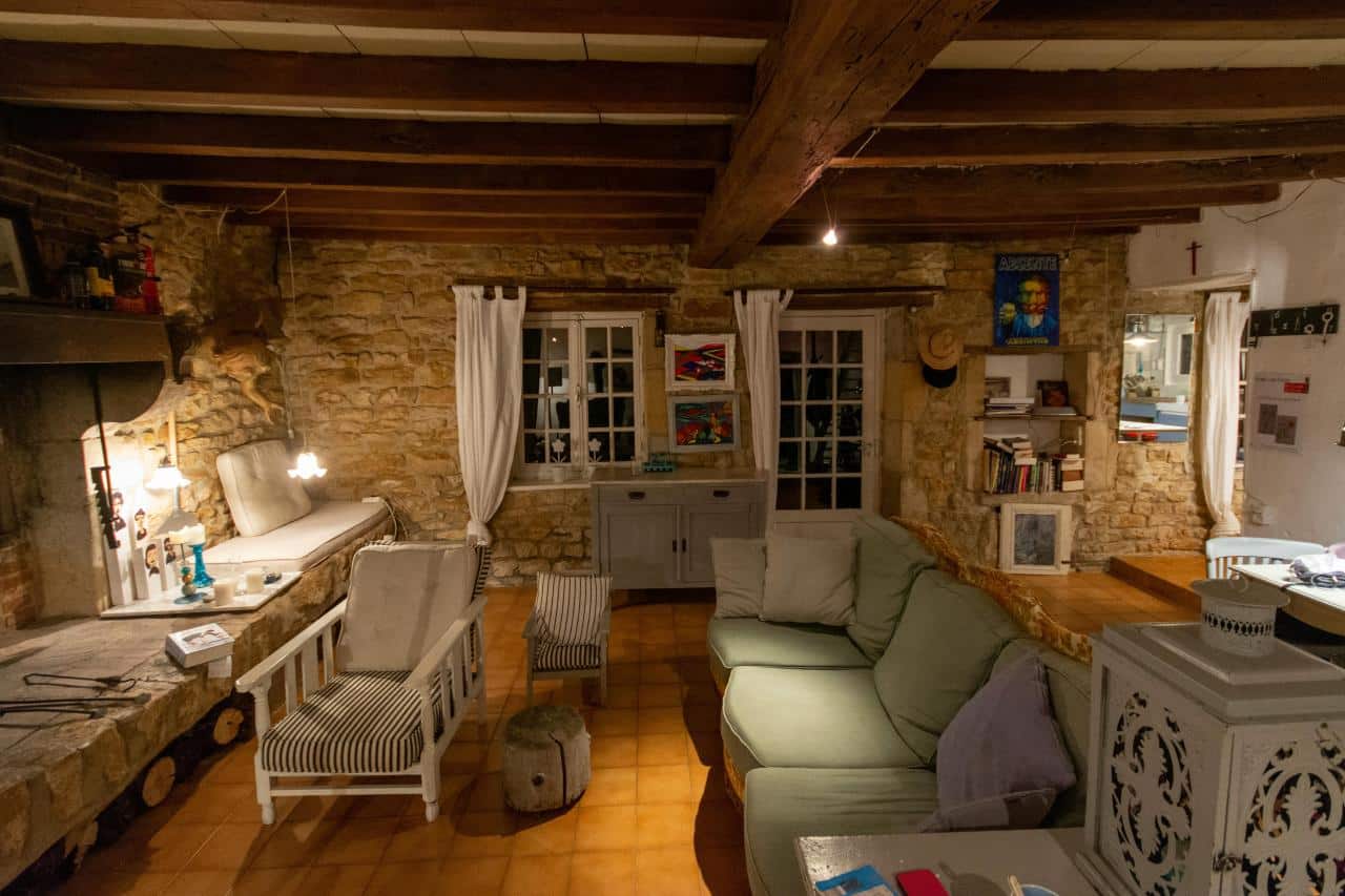 stone cottage interior rustic fireplace