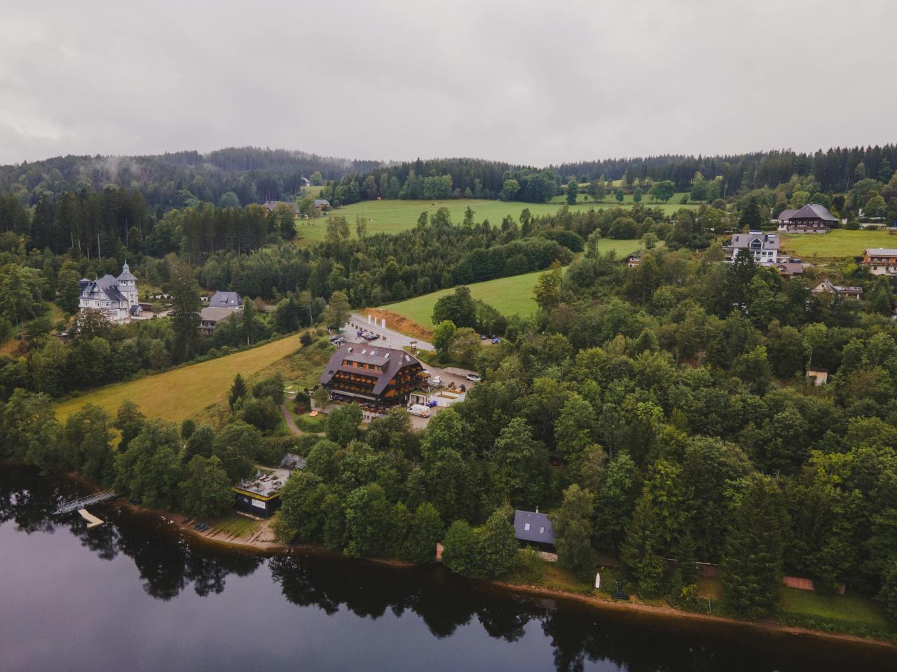 aerial view large village resort surrounded forest